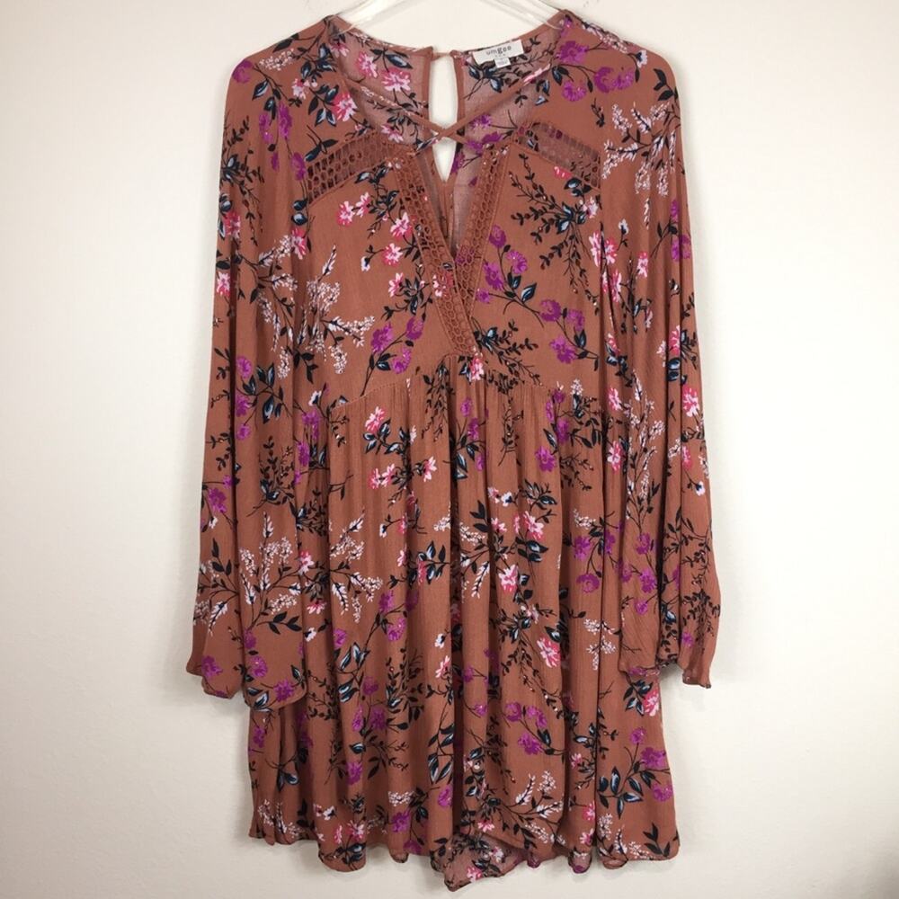 Umgee | Rust Floral Print Bell Sleeve Boho Dress